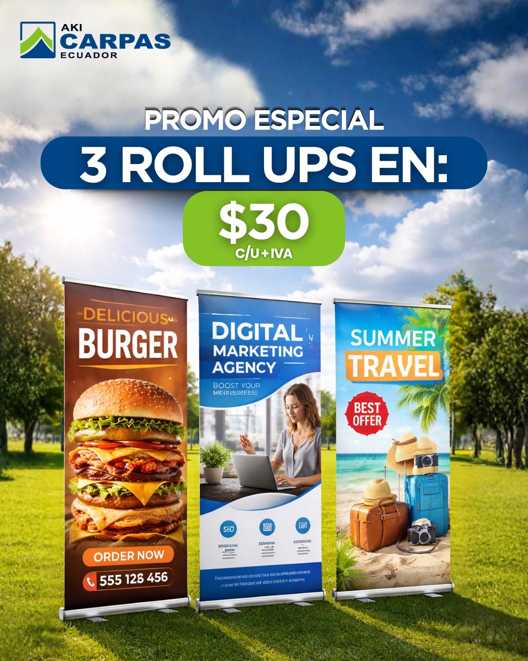 promo 3 Roll Ups por $30 + IVA cada una